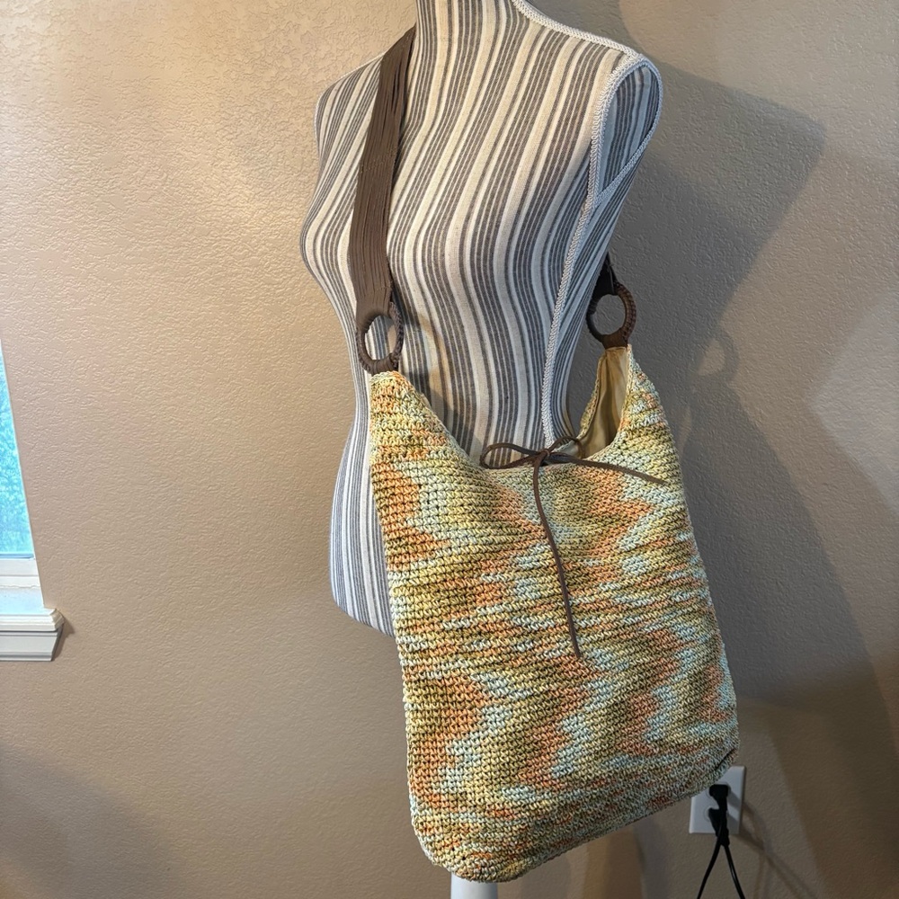 Express Knit Boho Bag Cream Orange Green Yellow Hobo Shoulder Bag Brown Straps - Picture 4 of 16